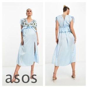 Maternity embroidered satin midi dress with frill waist in pale blue